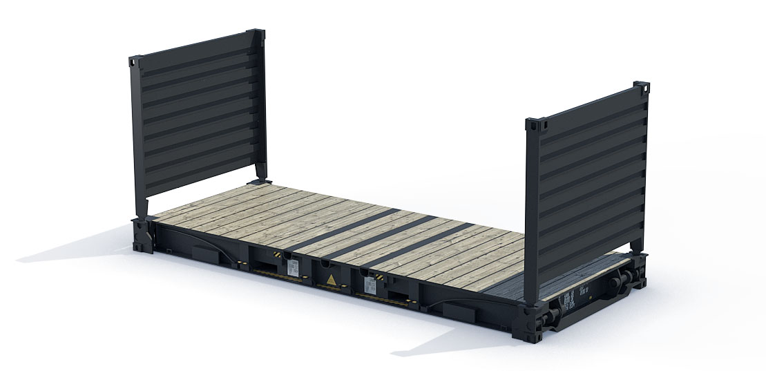 Représentation 3D d'un container 20' flat rack